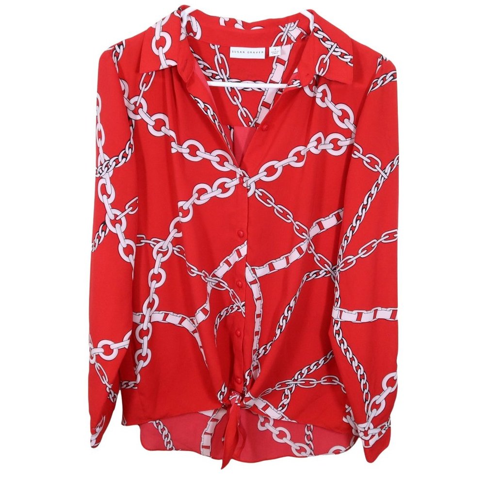 SUSAN GRAVER Size 4 Red White Chain Print Tie Front Button Up Blouse Shirt Top